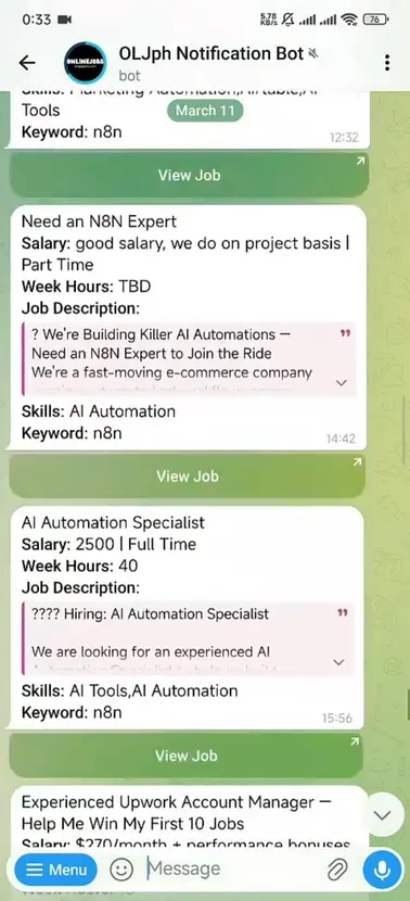 KM Gig Alerts Onlinejobs.ph bot delivering a real-time job notification on Telegram