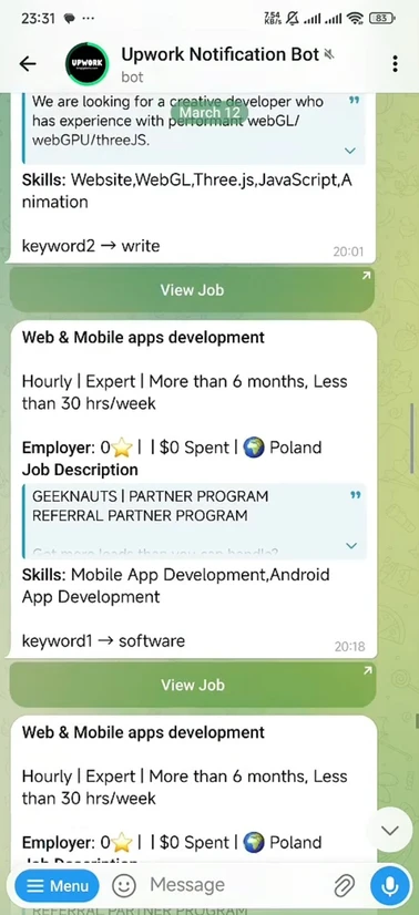 KM Gig Alerts Upwork bot delivering a real-time job notification on Telegram